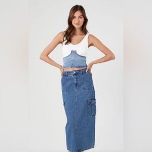 Forever 21 Y2K Classic Blue Denim Capsule Wardrobe Maxi Cargo Back Slit Skirt